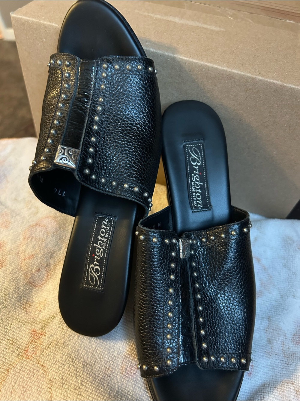 Brighton Black Leather Studded Slide Mules